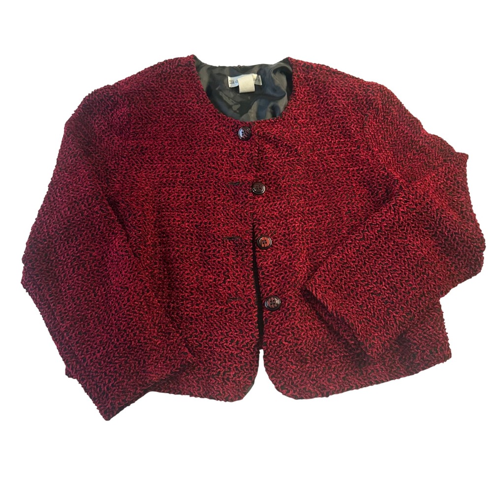 Dressbarn Red Black Textured Boucle Knit Button Front Cardigan Jacket Large USA